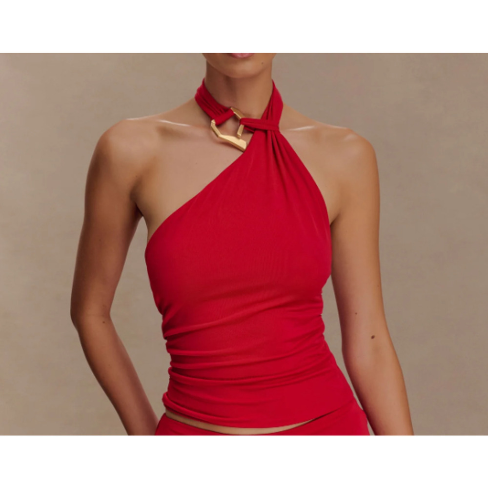 Meshki Sz Large Red Slinky Halter Top Sleeveless Gold Clasp Unique Going Out